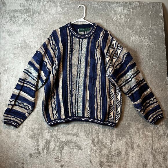 Vintage Tundra Chunky Knit 3D Pattern Sweater Size XL Blue Cotton‎ - Picture 1 of 6